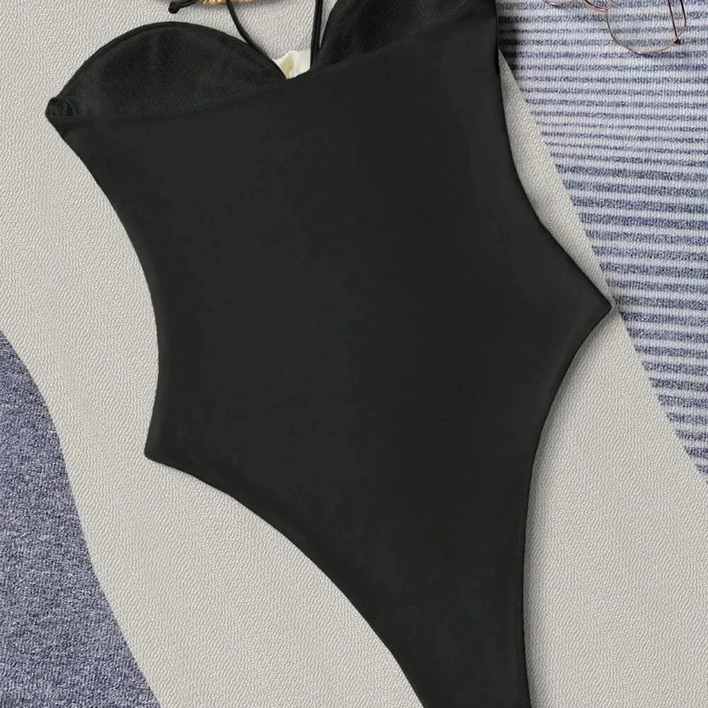 Black Sexy Women's Halterneck Three-Dimensional Flower One-Piece Swimsuit - Picture 4 of 4